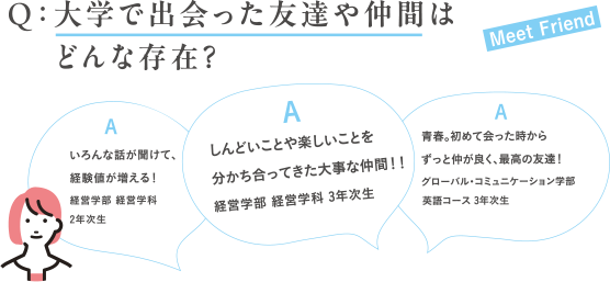 Q:大学で出会った友達や仲間はどんな存在?A:いろんな話が聞けて、経験値が増える!経営学部 経営学科 2年次生A:しんどいことや楽しいことを分かち合ってきた大事な仲間!!経営学部 経営学科 3年次生A:青春。初めて会った時からずっと仲が良く、最高の友達!グローバル・コミュニケーション学部 英語コース 3年次生