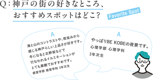 Q:神戸の街の好きなところ、おすすめスポットはどこ?A:海と山のコントラストや、街並みから感じる神戸らしい上品さが好きです。冬になると北野坂などで行なわれるイルミネーションがとても素敵でおすすめです。経営学部 経営学科 3年次生A:やっぱりBE KOBEの夜景です。心理学部 心理学科 3年次生