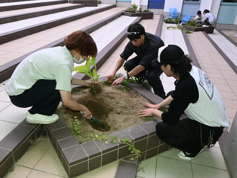 冬を越したギボウシなどを植える学生ら