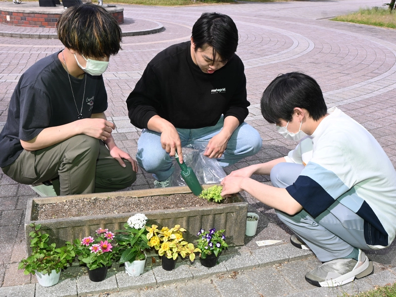 プランターに花を植え替える学生ら