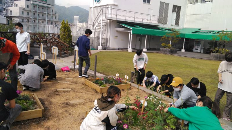 ゼミ生らは、花壇のメンテナンスに何度も大丸神戸店を訪れました