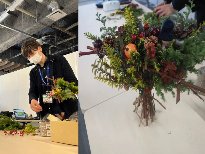 クリスマスブーケを作る菊川講師と完成したブーケ
