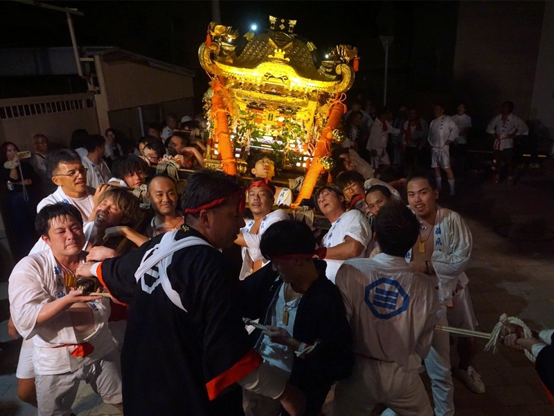 本神輿を神社の門にくぐらせようとする力と押し戻そうとする力のせめぎ合い