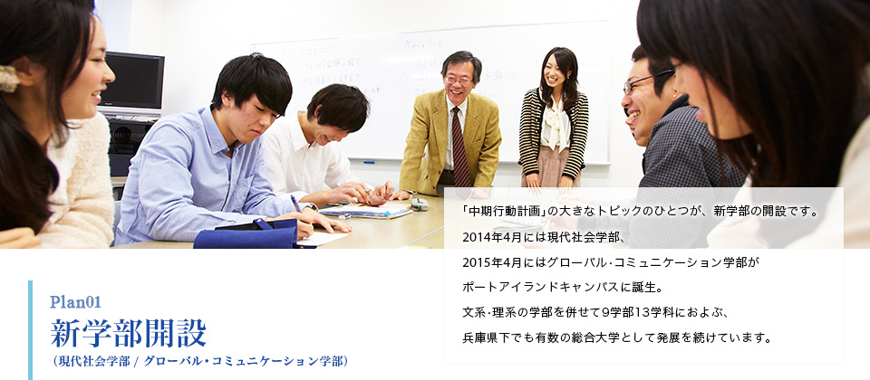 plan 01 新学部開設 (現代社会学部 / グローバル•コミュニケーション学部) 「中期行動計画」の大きなトピックのひとつが、新学部の開設です。2014年4月には現代社会学部、2015年4月にはグローバル・コミュニケーション学部がポートアイランドキャンパスに誕生。文系・理系の学部を併せて9学部13学科におよぶ、兵庫県下でも有数の総合大学として発展を続けています。