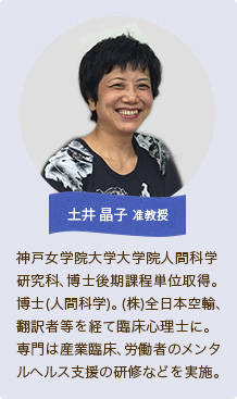 土井 晶子 准教授｜神戸女学院大学大学院人間科学研究科、博士後期課程単位取得。博士(人間科学)。(株)全日本空輸、翻訳者等を経て臨床心理士に。専門は産業臨床、労働者のメンタルヘルス支援の研修などを実施。