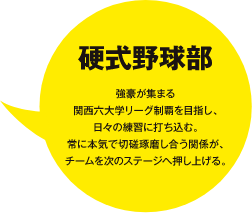 強豪が集まる関西六大学リーグ制覇を目指し、日々の練習に打ち込む。常に本気で切磋琢磨し合う関係が、チームを次のステージへ押し上げる。